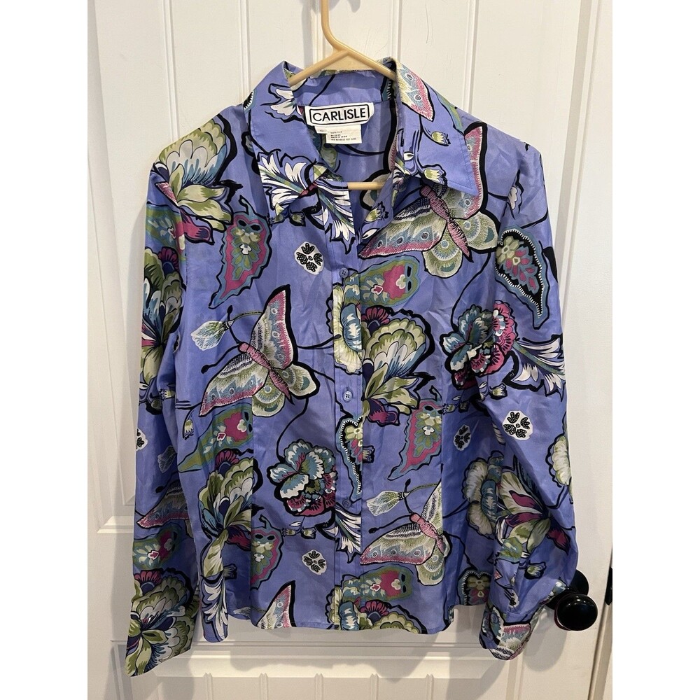 Carlisle 100% Silk Blouse Womens 10 Lavender Butterfly Floral Long Sleeve